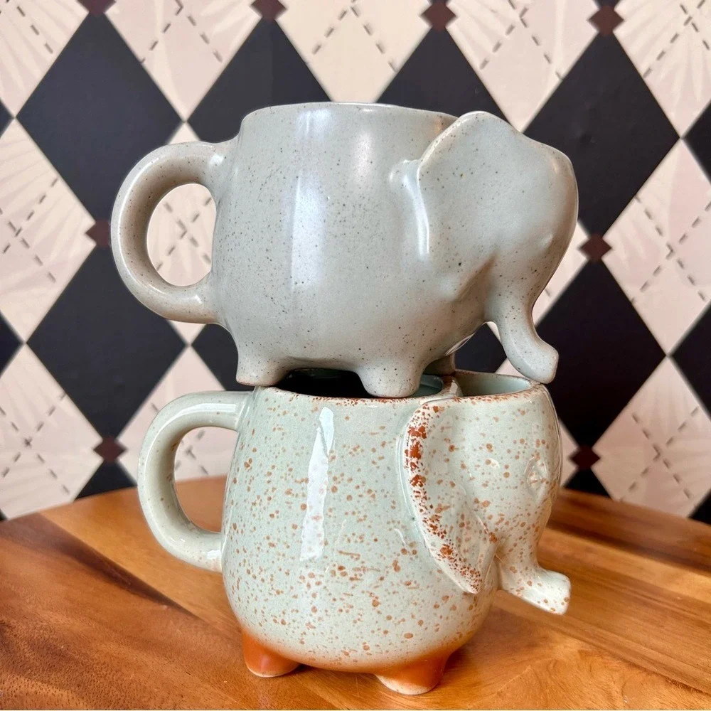 Elephant Ceramic Mugs Pair Pottery Cups with Tea Bag Holder‎ Pocket